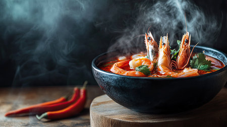 A steaming bowl of spicy Tom Yum soup, featuring shrimp and aromatic herbs. The vibrant colors and rich flavors create a delightful culinary experience.の素材