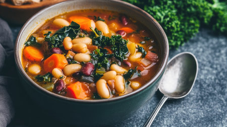 Discover a delightful bowl of hearty minestrone soup featuring fresh vegetables and beans, perfect for a comforting meal or cozy gathering.の素材
