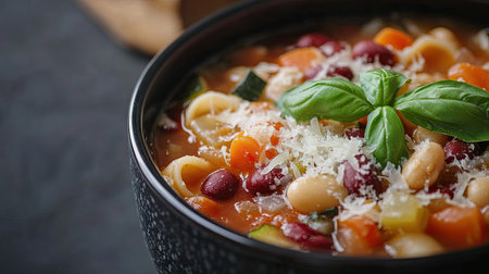 A close-up view of a delicious minestrone soup served in a stylish black bowl, featuring a colorful array of vegetables and beans topped with fresh basil.の素材