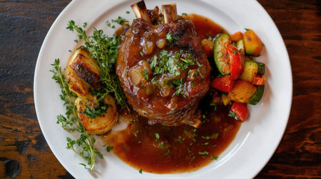 An enticing overhead shot of delicious osso buco served with vibrant vegetables and herbs, perfect for showcasing gourmet cuisine and culinary creativity.の素材