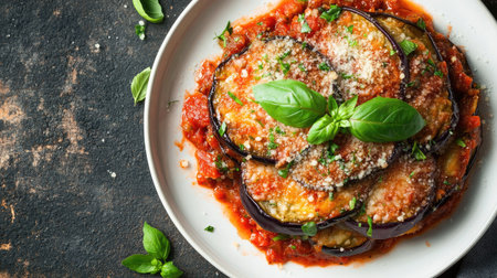 Enjoy a traditional Italian melanzane dish featuring layers of roasted eggplant topped with fresh basil and tangy tomato sauce, perfect for any meal.の素材