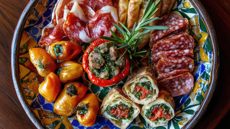 A vibrant overhead view of a cicchetti selection featuring colorful appetizers, including cured meats, stuffed peppers, and fresh herbs, perfect for sharing.の素材