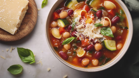 This overhead shot showcases a bowl of vibrant minestrone soup, featuring fresh vegetables, pasta, and herbs, perfect for a healthy meal or cozy dining experience.の素材