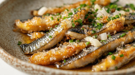 A close-up of delicious fried sardine fillets topped with garnish, showcasing tantalizing textures and flavors. Perfect for seafood lovers and culinary enthusiasts.の素材