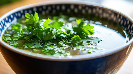 A close-up view of a beautifully arranged soup bowl filled with broth and garnished with fresh cilantro, showcasing vibrant colors and a comforting appeal perfect for culinary inspiration.の素材