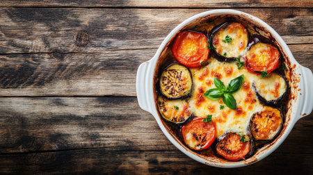 A delicious baked dish featuring eggplant and tomatoes, garnished with fresh basil, set against a rustic wooden background. Perfect for a healthy meal.の素材