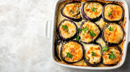 A delicious baked eggplant parmesan featuring layers of tender eggplant and rich white sauce, garnished with fresh herbs for a comforting meal.の素材