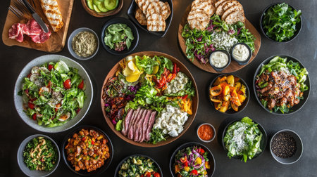 A beautifully arranged overhead shot of a table filled with fresh salads and vibrant dishes, perfect for a healthy meal or catering event.の素材