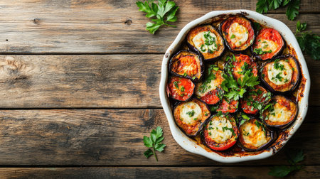 A delectable overhead shot of baked eggplant and tomatoes garnished with fresh herbs, beautifully arranged in a rustic dish on a wooden table. Perfect for culinary enthusiasts!の素材