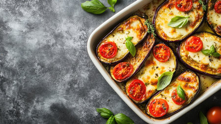 Enjoy a delicious dish of baked eggplant slices topped with fresh tomatoes and basil. Perfect for a healthy lunch or dinner option, this recipe is both vibrant and savory.の素材