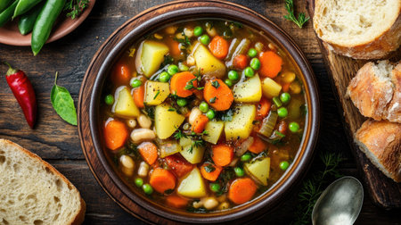 An overhead view of a vibrant bowl of minestrone soup filled with fresh vegetables like carrots, potatoes, and peas, creating a wholesome and delicious meal.の素材