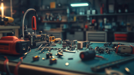 Electrical components and tools laid out on a workbench, with plenty of space in the background for copy.の素材