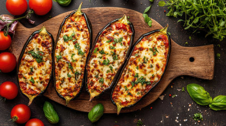 A vibrant, mouth-watering eggplant parmesan dish beautifully garnished with fresh herbs, served on a rustic wooden board, perfect for any meal.の素材
