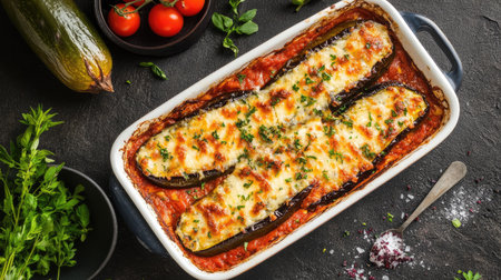 Discover a delicious melanzane alla parmigiana, featuring layers of baked eggplant, rich tomato sauce, and melted cheese, perfect for a wholesome meal.の素材