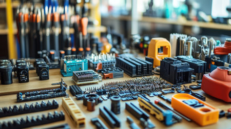 Electrical components and tools laid out on a workbench, with plenty of space in the background for copy.の素材