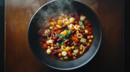 A steaming bowl of colorful vegetable minestrone soup viewed from above, showcasing fresh ingredients and a cozy dining experience with a wooden backdrop.の素材