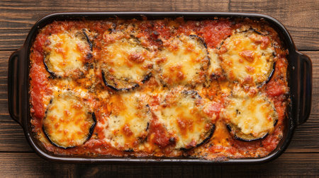 A delicious serving of freshly baked melanzane alla parmigiana, featuring layers of eggplant, tomato sauce, and melted cheese, perfect for any meal.の素材