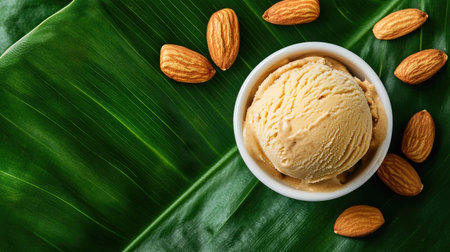 A delicious scoop of creamy peanut butter ice cream served in a bowl, surrounded by fresh almonds and resting on a vibrant green leaf. Perfect for summer treats.の素材
