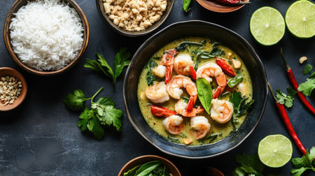 Delicious Thai green curry with shrimp, surrounded by bowls of sticky rice, fresh lime, and fragrant herbs.の素材