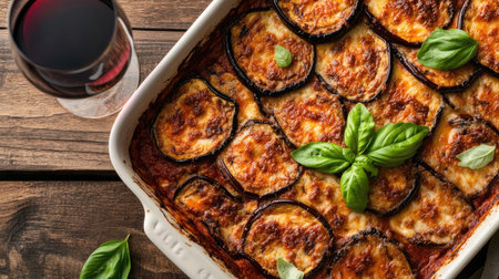 An inviting overhead view of a family-style eggplant dish, beautifully garnished with fresh basil, perfect for gatherings or cozy dinners. Enjoy the vibrant colors and rustic presentation.の素材