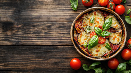 A beautifully presented baked eggplant dish topped with golden cheese, fresh basil, and ripe tomatoes, resting on a rustic wooden table. Perfect for culinary enthusiasts!の素材