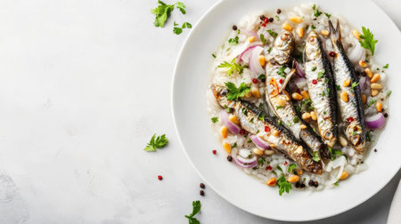 A beautifully plated dish featuring sardines atop rice with onions and pine nuts, garnished with fresh herbs, ideal for seafood lovers and food enthusiasts.の素材