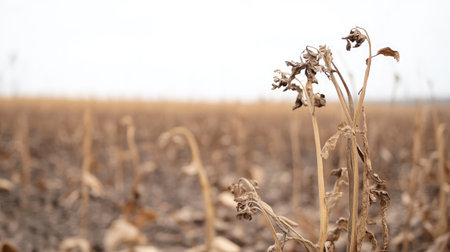 Dried-up plants in a barren field, with a blurred background offering plenty of space for text.の素材