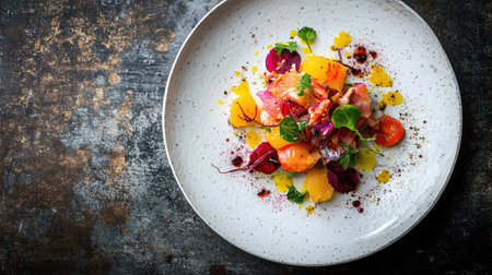 Enjoy a top view of a vibrant spicy papaya salad, featuring fresh ingredients and colorful presentation. Perfect for a healthy meal option or gourmet dish.の素材