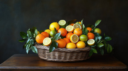 A vibrant wicker basket overflowing with citrus fruits, including oranges, lemons, and limes. Perfect for adding a fresh touch to any kitchen decor.の素材