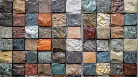 This close-up view showcases a mosaic wall made of various stone tiles, displaying an array of textures and colors for an artistic interior or exterior design.の素材