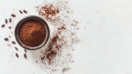 A close-up view of cocoa powder in a bowl, showcasing its rich brown color and fine texture. Perfect for cooking, baking, and food styling.の素材