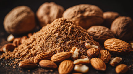 Closeup of ground nutmeg with a variety of nuts including almonds and walnuts, showcasing their textures on a dark background, ideal for culinary contexts.の素材