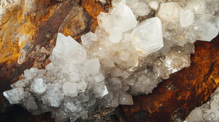 This close-up shot showcases a stunning rock formation with crystal features. The interplay of light highlights the textures and natural beauty of the specimens.の素材