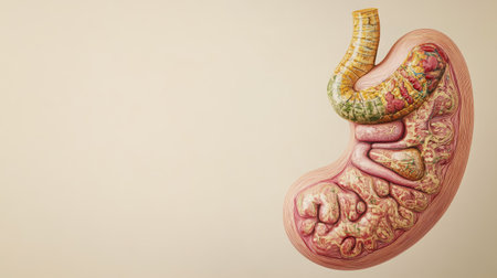Cross-sectional view of the human stomach, isolated with a neutral background, and space on the side for copy placement.の素材
