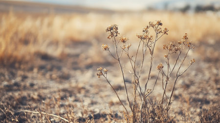 Dried-up plants in a barren field, with a blurred background offering plenty of space for text.の素材
