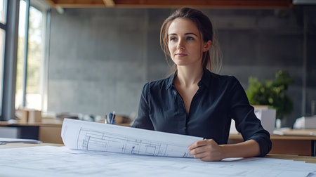 Female engineer reviewing blueprints at a desk with large, empty wall space behind her for copy.の素材