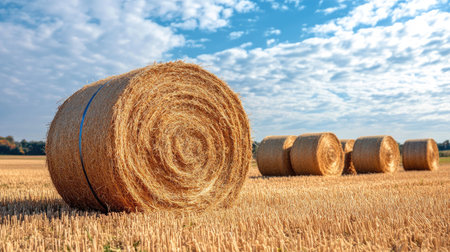 Field of golden hay bales, with an expansive sky offering space for text or design elements.の素材