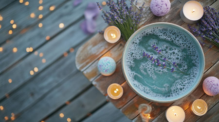Flat lay of a bath pot with bubbling water and lavender sprigs, placed on a wooden surface with candles and bath bombs scattered around.の素材