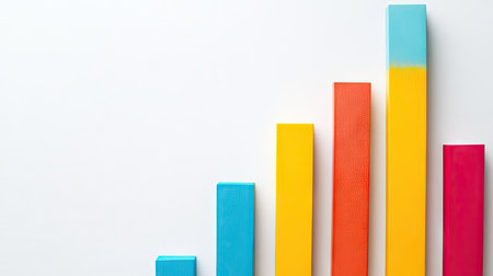 Flat lay of a bar graph with rising bars and a clean white background, leaving ample space to the right for copy or data labels.の素材