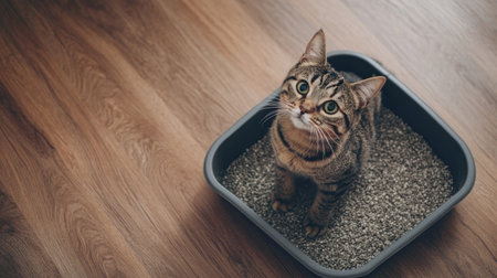 Flat lay of a cat stepping into a litter box, with a large open area beside it for copy, ideal for pet care ads or product promotions.の素材