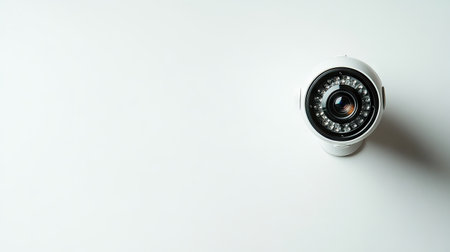 Flat lay of a closed-circuit camera against a white background, leaving large amounts of blank space for branding or promotional material.の素材