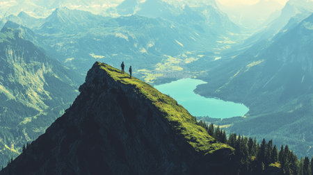 Flat lay of a mountain ridge with hikers walking along the edge, the vast valley below covered in dense green forests and lakes.の素材