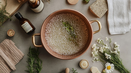 Flat lay of a copper bath pot filled with warm water, herbs, and bath salts, surrounded by natural bath products and a soft towel.の素材