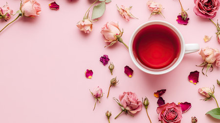 Flat lay of a cup of rose tea with delicate rose petals, surrounded by fresh and dried roses, on a soft pink background.の素材