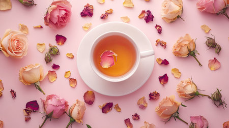 Flat lay of a cup of rose tea with delicate rose petals, surrounded by fresh and dried roses, on a soft pink background.の素材