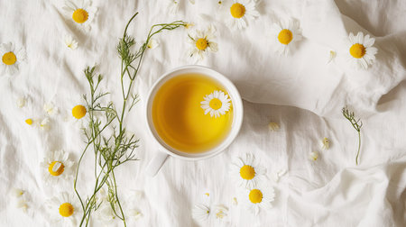 Flat lay of a cup of chamomile tea with a sprig of fresh chamomile flowers, placed on a white linen tablecloth with scattered petals.の素材