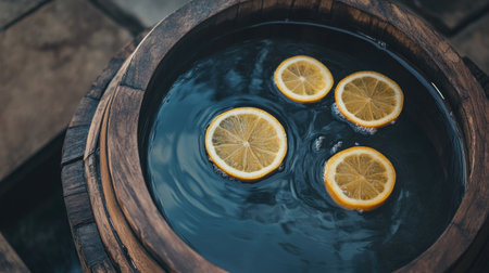 Flat lay of a Japanese-style wooden bath pot filled with hot water and a few floating lemon slices, creating a minimalist and serene setting.の素材