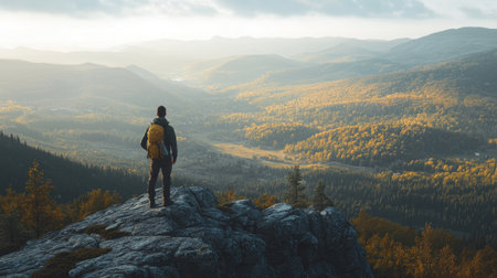Flat lay of a hiker standing on a rocky mountain top, looking out over a vast valley filled with rolling hills and dense forestsの素材
