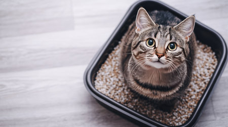 Flat lay of a litter box with a cat about to enter, with a clean and spacious background providing plenty of room for copy or advertising.の素材