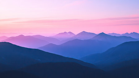Flat lay of a mountain top view at dusk, with the sky turning shades of pink and purple as the last light of day fades behind the peaks.の素材